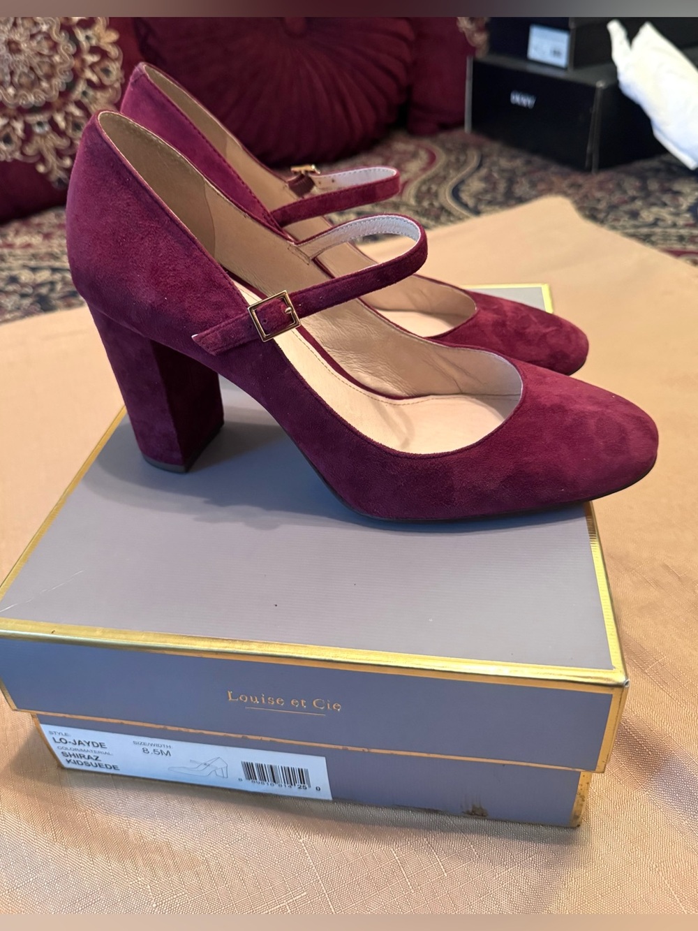 Louise et Cie Wine Burgundy Suede Mary Jane Block Heels